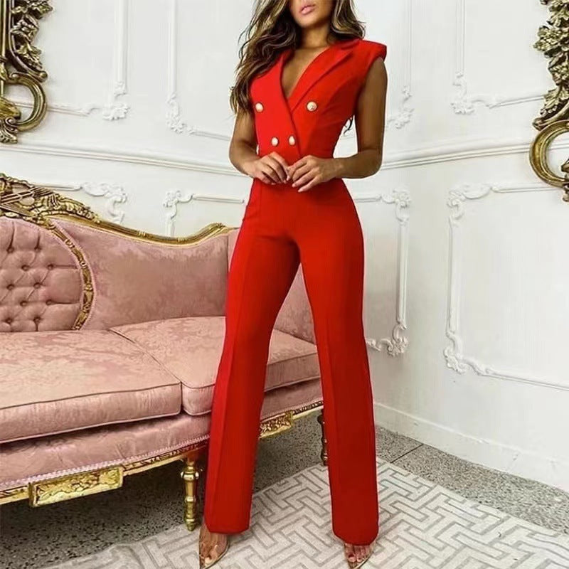 V-Ausschnitt Houndstooth Jumpsuit – Eleganter Business Look für Damen